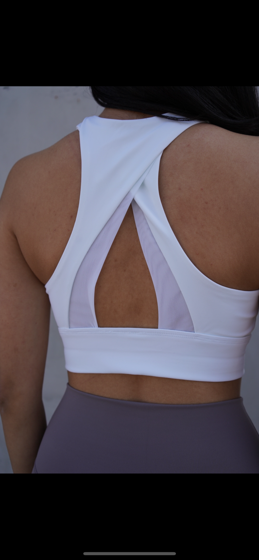 White Mesh Long Line Sports Bra